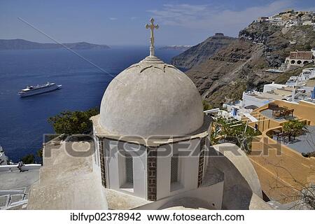 "View from the crater rim across the rooftops of Fira or Thira into the Caldera, Agios Ioannis church at front, Santorini, Cyclades, Greek Islands, Greece, Europe" View Large Photo Image Stock Image - "View from the crater rim across the rooftops of Fira or Thira into the Caldera, Agios Ioannis church at front, Santorini, Cyclades, Greek Islands, Greece, Europe". Fotosearch