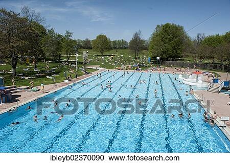Stock Image - "View from the diving tower of a public swimming pool, Moehringer Freibad, Stuttgart, Baden-Wuerttemberg, Germany, Europe". Fotosearch