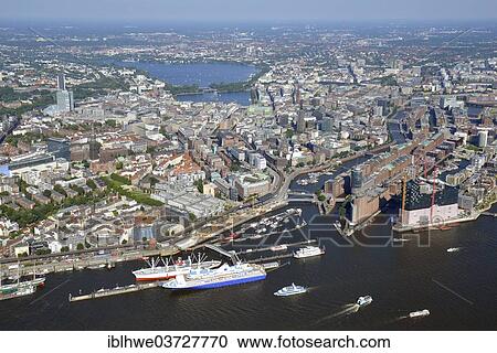 "View from the Elbe River over the Alster lakes, the harbour and the Speicherstadt historic warehouse district, aerial view, Hamburg, Hamburg, Germany, Europe" View Large Photo Image Stock Image - "View from the Elbe River over the Alster lakes, the harbour and the Speicherstadt historic warehouse district, aerial view, Hamburg, Hamburg, Germany, Europe". Fotosearch