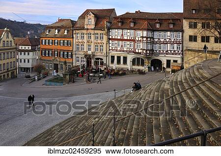 "View from the flight of stairs in front of Saint Michael towards the old building facades on Marktplatz square, Schwaebisch Hall, Baden-Wuerttemberg, Germany, Europe, PublicGround, Europe" View Large Photo Image Stock Photography - "View from the flight of stairs in front of Saint Michael towards the old building facades on Marktplatz square, Schwaebisch Hall, Baden-Wuerttemberg, Germany, Europe, PublicGround, Europe". Fotosearch