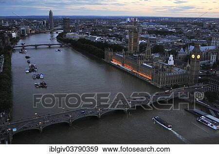 Stock Photo - "View from the London Eye on Westminster Bridge, Houses of Parliament, and Elizabeth Tower clock tower, London, England, United Kingdom, Europe". Fotosearch