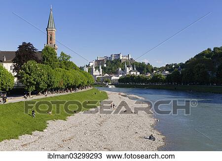 Stock Image - "View from the Muellnersteg bridge over the Salzach River towards the historic town centre, with Christ Lutheran Church on the left, Salzburg, Salzburg State, Austria, Europe". Fotosearch