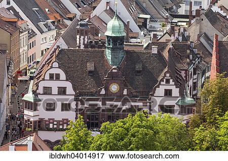 Stock Photo - "View from the Munsterturm tower onto the city hall, Freiburg im Breisgau, Breisgau, Baden-Wurttemberg, Germany, Europe". Fotosearch