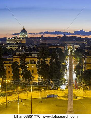 Stock Image - "View from the Pincio to Piazza del Popolo with obelisk, St. Peter's Basilica at the back, Rome, Lazio, Italy, Europe". Fotosearch