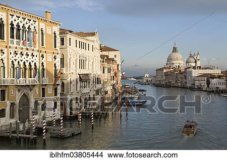 Picture - "View from the Ponte dell'Accademia bridge on buildings and the church of Santa Maria della Salute on the Grand Canal, Venice, Veneto, Italy, Europe". Fotosearch