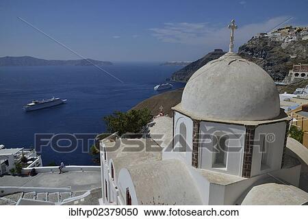 "View from the rim across the rooftops of Fira or Thira into the Caldera, Agios Ioannis church at front, Santorini, Cyclades, Greek Islands, Greece, Europe" View Large Photo Image Stock Image - "View from the rim across the rooftops of Fira or Thira into the Caldera, Agios Ioannis church at front, Santorini, Cyclades, Greek Islands, Greece, Europe". Fotosearch