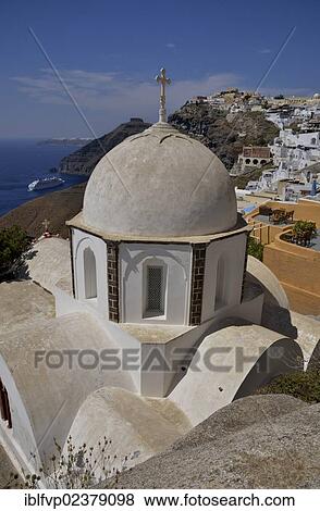 "View from the rim across the rooftops of Fira or Thira into the Caldera, Agios Ioannis church at front, Santorini, Cyclades, Greek Islands, Greece, Europe" View Large Photo Image Stock Photo - "View from the rim across the rooftops of Fira or Thira into the Caldera, Agios Ioannis church at front, Santorini, Cyclades, Greek Islands, Greece, Europe". Fotosearch