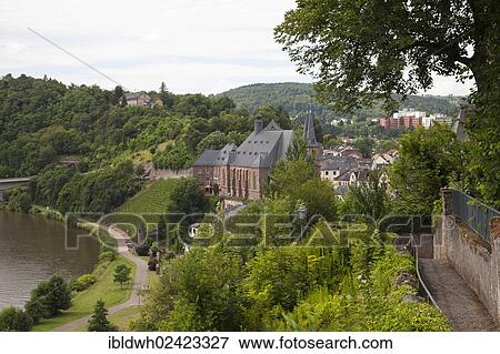 View from the Saarburg castle ruins on the old town and Saar shore, Saarburg, Saarland, Rhineland-Palatinate, Germany, Europe, PublicGround, Europe View Large Photo Image Stock Photo - View from the Saarburg castle ruins on the old town and Saar shore, Saarburg, Saarland, Rhineland-Palatinate, Germany, Europe, PublicGround, Europe. Fotosearch