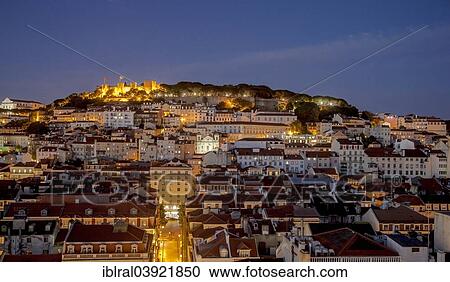 "View from the Santa Justa Lift, Elevador de Santa Justa, across the historic centre to Sao Jorge Castle, blue hour, dusk, Lisbon, Portugal, Europe" View Large Photo Image Stock Image - "View from the Santa Justa Lift, Elevador de Santa Justa, across the historic centre to Sao Jorge Castle, blue hour, dusk, Lisbon, Portugal, Europe". Fotosearch