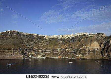 "View from the sea towards the port and the capital city of Fira or Thira, Santorini, Cyclades, Greek Islands, Greece, Europe" View Large Photo Image Stock Photography - "View from the sea towards the port and the capital city of Fira or Thira, Santorini, Cyclades, Greek Islands, Greece, Europe". Fotosearch