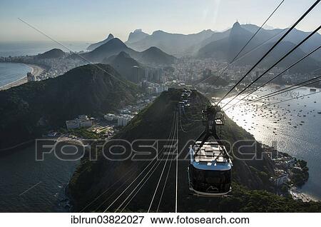 Stock Photo - "View from the Sugarloaf Mountain or Pao de Acucar and the famous cable car, Rio de Janeiro, Brazil, South America". Fotosearch