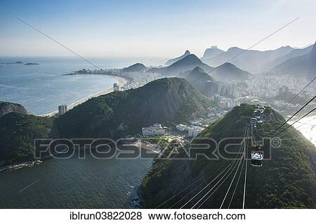 Stock Photo - "View from the Sugarloaf Mountain or Pao de Acucar and the famous cable car, Rio de Janeiro, Brazil, South America". Fotosearch