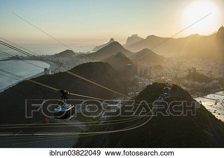 Stock Photo - "View from the Sugarloaf Mountain or Pao de Acucar and the famous cable car, at sunset, Rio de Janeiro, Brazil, South America". Fotosearch