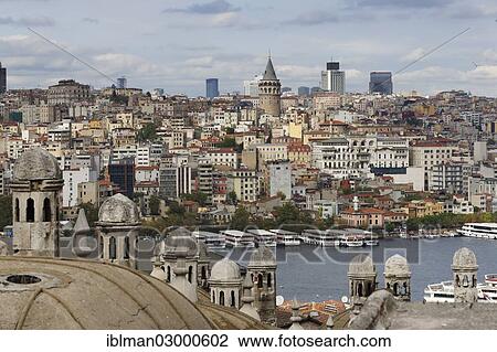 Stock Image - "View from the Suleymaniye Mosque across the Golden Horn to Beyoglu with the Galata Tower, Istanbul, European side, Istanbul Province, Turkey, European side, Europe". Fotosearch