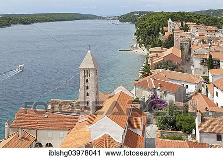 Stock Image - "View from the tower of St Mary's Cathedral of the historic centre, Rab Town, Rab, Primorje-Gorski Kotar County, Croatia, Europe". Fotosearch