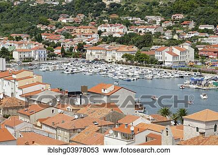Stock Image - "View from the tower of St Mary's Cathedral of the marina, Rab Town, Rab, Primorje-Gorski Kotar County, Croatia, Europe". Fotosearch