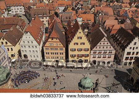Stock Photo - "View from the tower of the Town Hall of Marktplatz square, historic centre, Rothenburg ob der Tauber, Tauber Valley, Franconia, Bavaria, Germany, Europe". Fotosearch
