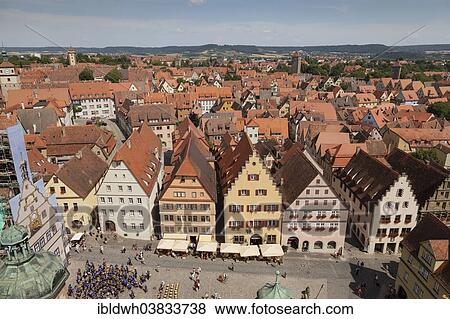 Stock Photo - "View from the tower of the Town Hall of Marktplatz square, historic centre, Rothenburg ob der Tauber, Tauber Valley, Franconia, Bavaria, Germany, Europe". Fotosearch