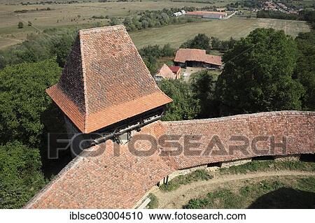 Stock Image - "View from the tower of Viscri Fortified Church, UNESCO World Cultural Heritage Site, Viscri, Siebenburgen, Romania, Europe". Fotosearch