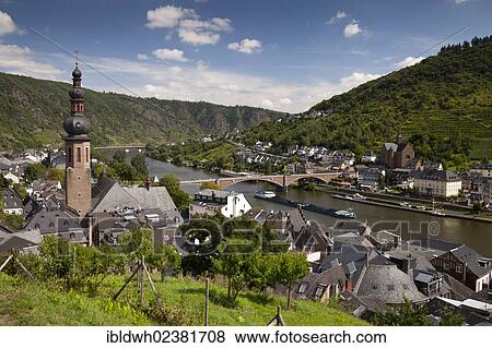 Stock Photo - "View from the Tummelchen on the town with Catholic parish church of St. Martin, Cochem, Moselle, Rhineland-Palatinate, Germany, Europe, PublicGround, Europe". Fotosearch