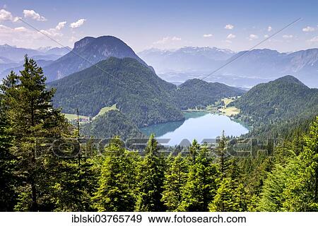 Stock Photo - "View from the Wilder-Kaiser-Steig hiking trail towards Hintersteiner Lake, in the Wilder Kaiser Mountains, Kaisergebirge, near Ellmau, Tyrol, Austria, Europe". Fotosearch