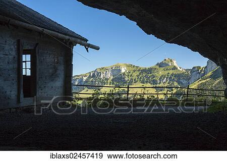 "View from the Wildkirchli Caves to Mount Hoher Kasten, 1795m, Wasserauen, Appenzell Innerrhoden, Appenzell Inner Rhodes, Switzerland, Europe, PublicGround, Europe" View Large Photo Image Stock Photo - "View from the Wildkirchli Caves to Mount Hoher Kasten, 1795m, Wasserauen, Appenzell Innerrhoden, Appenzell Inner Rhodes, Switzerland, Europe, PublicGround, Europe". Fotosearch