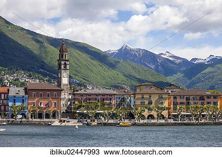 Stock Image - "View of Ascona, looking towards Pizzo Vogorno Mountain and Madone Mountain, lake Lago Maggiore, Ticino, Switzerland, Europe". Fotosearch