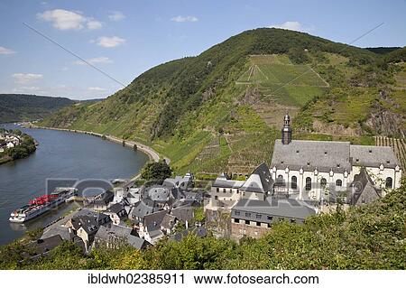 Stock Image - "View of Beilstein and the Carmelite church in the Mosellele Valley as seen from Metternich castle, Moselle river, Rhineland-Palatinate, Germany, Europe". Fotosearch
