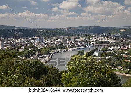 View of Deutsches Eck headland as seen from Ehrenbreitstein Castle, Moselle river joining the Rhine river, Koblenz, Rhineland-Palatinate, Germany, Europe View Large Photo Image Picture - View of Deutsches Eck headland as seen from Ehrenbreitstein Castle, Moselle river joining the Rhine river, Koblenz, Rhineland-Palatinate, Germany, Europe. Fotosearch