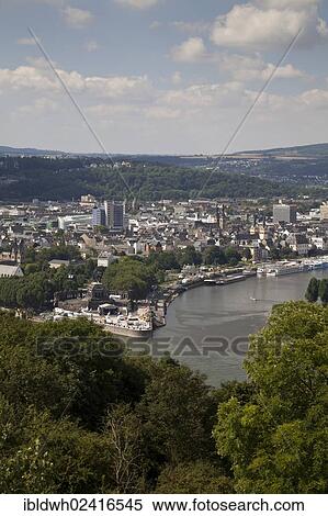 View of Deutsches Eck headland as seen from Ehrenbreitstein Castle, Moselle river joining the Rhine river, Koblenz, Rhineland-Palatinate, Germany, Europe View Large Photo Image Stock Photography - View of Deutsches Eck headland as seen from Ehrenbreitstein Castle, Moselle river joining the Rhine river, Koblenz, Rhineland-Palatinate, Germany, Europe. Fotosearch