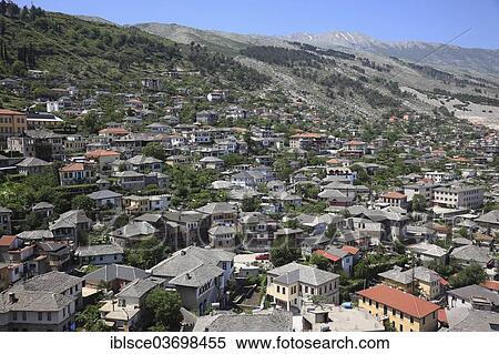"View of Gjirokastra with typical stone covered roofs, UNESCO World Heritage Site, Gjirokaster, Gjirokaster County, Albania, Europe" View Large Photo Image Stock Photography - "View of Gjirokastra with typical stone covered roofs, UNESCO World Heritage Site, Gjirokaster, Gjirokaster County, Albania, Europe". Fotosearch