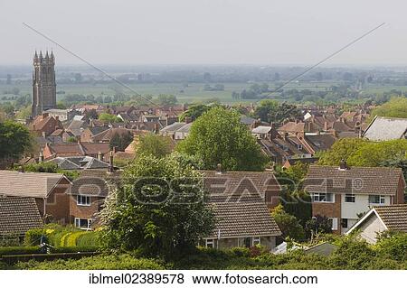 Stock Photo - "View of Glastonbury with the church of St John the Baptist and Holy Thorn, near Dod Lane, Somerset, England, United Kingdom, Europe". Fotosearch
