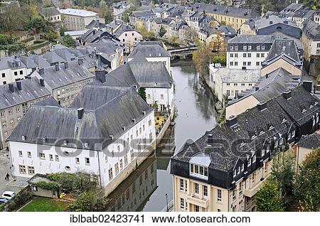 Stock Image - View of Grund district, Alzette valley, Alzette river, Luxembourg, Europe, PublicGround, Europe. Fotosearch