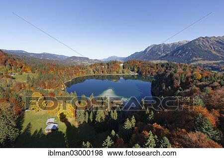 Stock Photo - "View of lake Freibergsee as seen from the Heini Klopfer ski jump, Oberstdorf, Oberallgaeu district, Allgaeu region, Swabia, Bavaria, Germany, Europe, Oberstdorf, Bavaria, Germany, Europe". Fotosearch