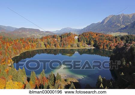 Stock Photograph - "View of lake Freibergsee as seen from the Heini Klopfer ski jump, Oberstdorf, Oberallgaeu district, Allgaeu region, Swabia, Bavaria, Germany, Europe, Oberstdorf, Bavaria, Germany, Europe". Fotosearch