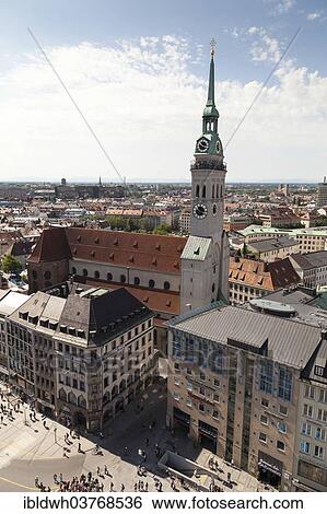 Stock Photograph - "View of Marienplatz square and the church of St. Peter, Munich, Upper Bavaria, Bavaria, Germany, Europe". Fotosearch