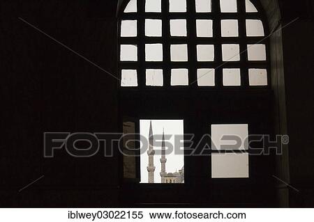 Stock Photography - "View of minarets from a barred window on the upper floor of the Hagia Sofia, Istanbul, Istanbul, Istanbul Province, Turkey, Asia". Fotosearch
