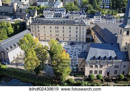 Stock Photo - "View of Neumuenster Abbey as seen from the Corniche, Luxembourg, Europe, PublicGround, Europe". Fotosearch