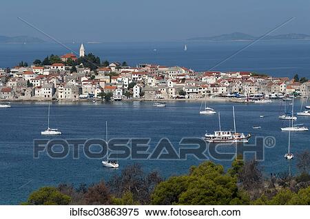 Stock Photography - "View of Primosten, Primosten Peninsula, Sibenik-Knin County, Dalmatia, Croatia, Europe". Fotosearch