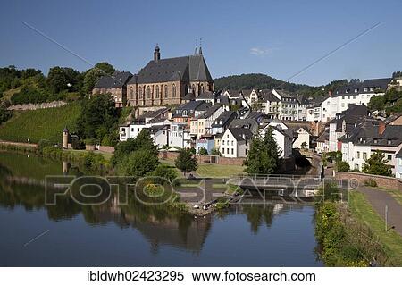 Stock Photography - View of Saarburg with parish church of St. Laurentius, Saarburg, Saar river, Rhineland-Palatinate, Germany, Europe, PublicGround, Europe. Fotosearch