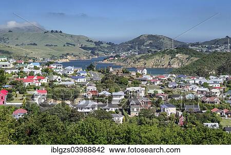 Stock Image - "View of settlement Port Chalmers, Dunedin, South Island, New Zealand, Oceania". Fotosearch