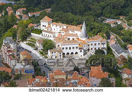 View of Sintra National Palace, Palacio Nacional de Sintra, Town Palace, Palacio da Vila from Moorish Castle, Castle of the Moors, Castelo dos Mouros, Sintra Cascais Natural Park, Grande Lisboa, Lisbon Region, Portugal, Europe View Large Photo Image Picture - View of Sintra National Palace, Palacio Nacional de Sintra, Town Palace, Palacio da Vila from Moorish Castle, Castle of the Moors, Castelo dos Mouros, Sintra Cascais Natural Park, Grande Lisboa, Lisbon Region, Portugal, Europe. Fotosearch
