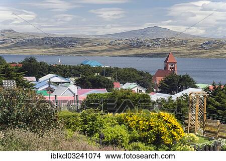 Picture - "View of Stanley, Christ Church Cathedral, Stanley Harbour Fjord, Stanley, Ostfalkland, Falkland Islands, South America". Fotosearch