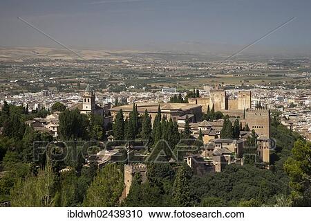 Stock Image - "View of the Alhambra as seen from the plateau of Sabika, UNESCO World Heritage Site, Granada, Andalusia, Spain, Europe, PublicGround, Europe". Fotosearch