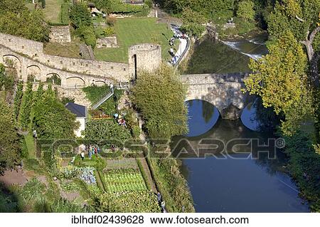 Stock Photo - "View of the Alzette with gardens, Grund, Gronn, lower town, Luxembourg, Europe, PublicGround, Europe". Fotosearch