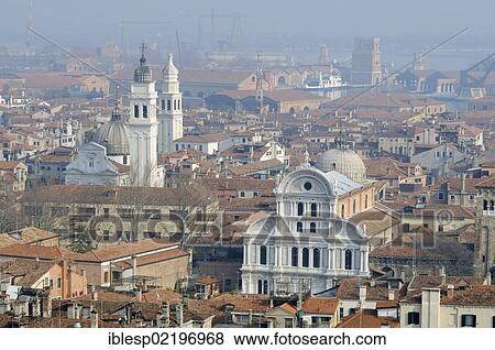"View of the district of Castello, the Church of San Zaccaria and the Church of San Giorgio d. Greci as seen from St Mark's Campanile, Venice, Veneto, Italy, Europe" View Large Photo Image Stock Photo - "View of the district of Castello, the Church of San Zaccaria and the Church of San Giorgio d. Greci as seen from St Mark's Campanile, Venice, Veneto, Italy, Europe". Fotosearch