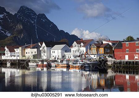 Stock Image - "View of the harbor, Henningsvaer, Henningsvaer, Heimoya, Heimoya, Lofoten, Nordland, Northern Norway, Norway, Europe". Fotosearch