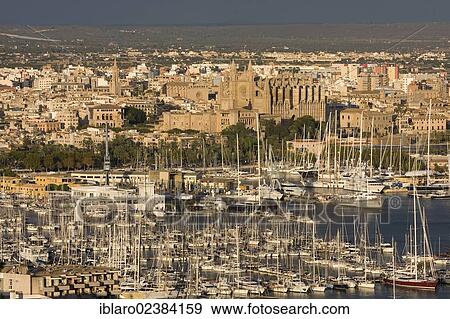 Stock Photo - "View of the harbor, the historic district and the cathedral, Palma de Majorca, Majorca, Spain, Europe". Fotosearch