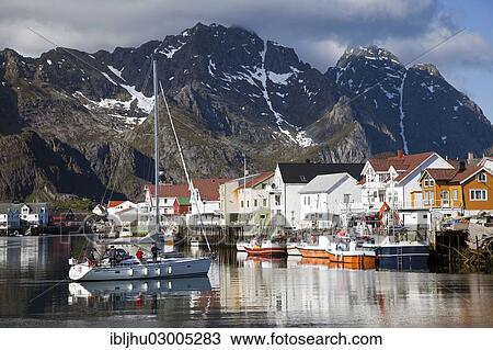 "View of the harbor with fishing boats and a sailing yacht, Henningsvaer, Henningsvaer, Heimoya, Heimoya, Lofoten, Nordland, Northern Norway, Norway, Europe" View Large Photo Image Stock Image - "View of the harbor with fishing boats and a sailing yacht, Henningsvaer, Henningsvaer, Heimoya, Heimoya, Lofoten, Nordland, Northern Norway, Norway, Europe". Fotosearch
