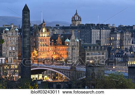 "View of the historic centre from Calton Hill with Waverley Station, St Giles Cathedral, the town hall and North Bridge at dusk, Lothian, Edinburgh, Scotland, United Kingdom, Europe" View Large Photo Image Stock Image - "View of the historic centre from Calton Hill with Waverley Station, St Giles Cathedral, the town hall and North Bridge at dusk, Lothian, Edinburgh, Scotland, United Kingdom, Europe". Fotosearch